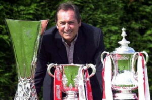 gerard houllier with uefa cup league cup and fa cup treble 2001